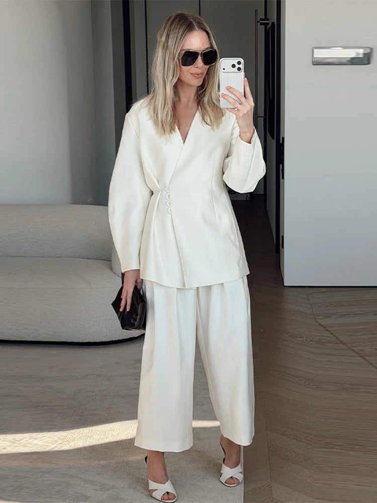 Elegant Women's Lace Up Shirt Pant Sets 2026 Summer V-neck Long Sleeve Top High Waist Loose Wide Leg Pant Two Piece Set Women