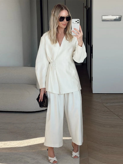 Elegant Women's Lace Up Shirt Pant Sets 2026 Summer V-neck Long Sleeve Top High Waist Loose Wide Leg Pant Two Piece Set Women