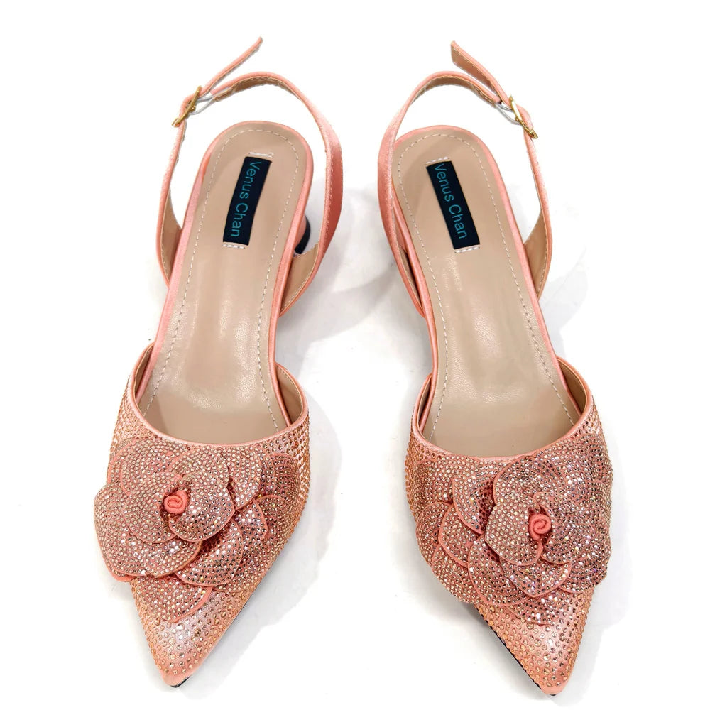 Italian Design Evening Shoes And Bags Paired With Handmade Petal Gold Colour Pointed Toe Mid-Heel Shoes For Women Party Shoes