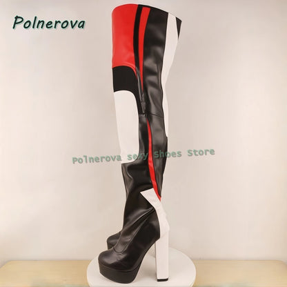 Multi Color Sexy Over The Knee Boots Round Toe Block Heels Side Zip Women Splicing Motorcycle Boots Punk Cool Style 2026 Spring