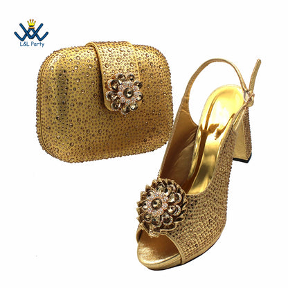 New Design Peep Toe African Spring Autumn Lady Shoes and Bag Set in Gold Color Women Sandal in Wedding