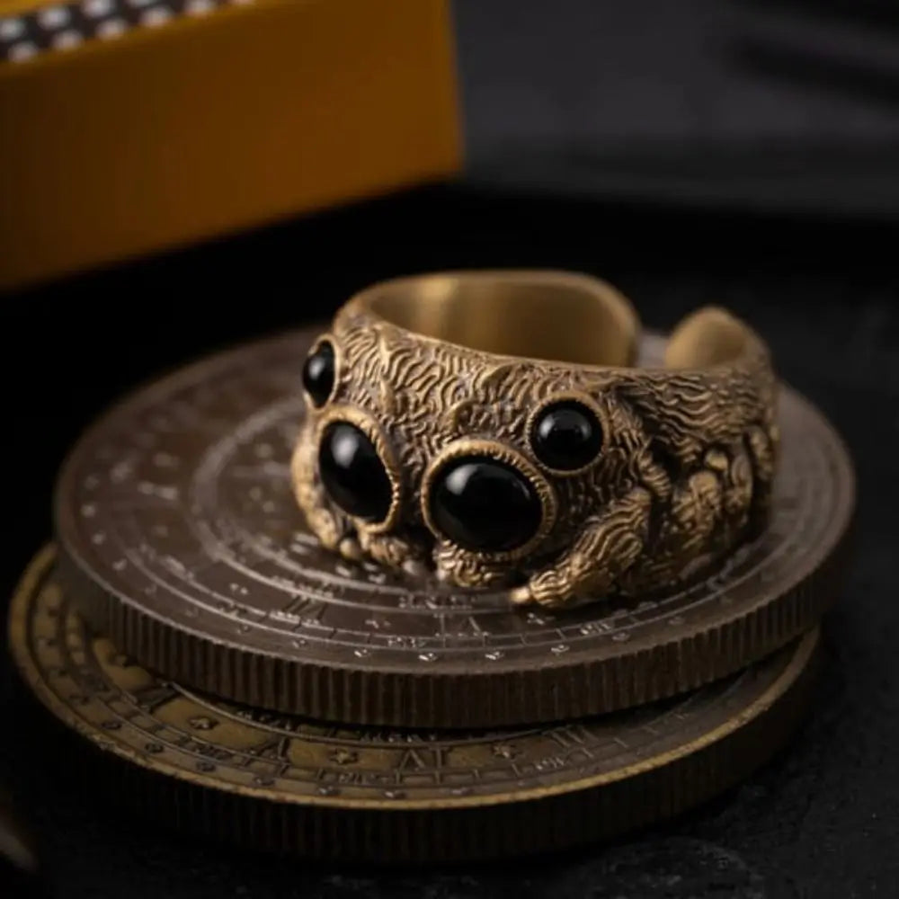 Black Agate Jumping Spider Ring Personalized Electroplated Copper Animal Open Rings Adjustable Opening Fashion Statement Ring
