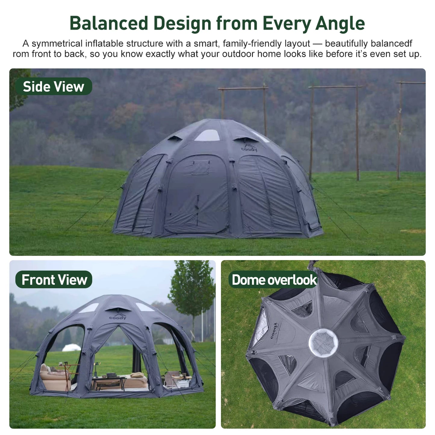 Gray Coody Dome Inflatable Tent, Classic Cotton Geodesic Tent All Weather Large Family Outdoor Glamping Shelter