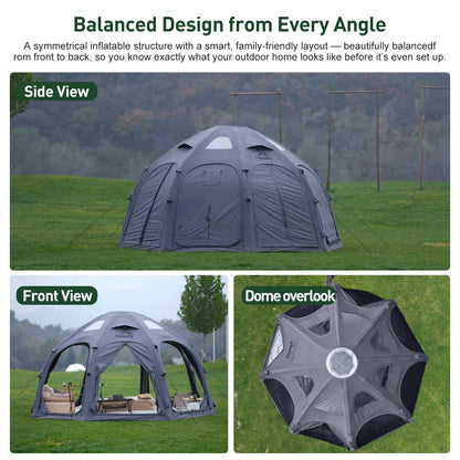 Gray Coody Dome Inflatable Tent, Classic Cotton Geodesic Tent All Weather Large Family Outdoor Glamping Shelter