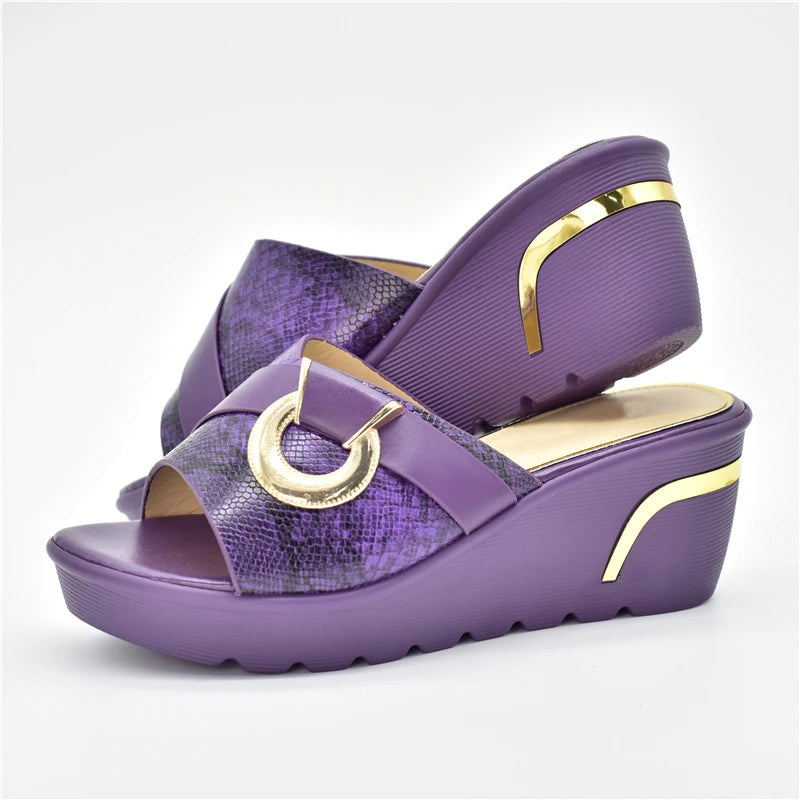 Latest Design African Party Shoes Decorated with Metal Wedding Shoes for Women Bride Wedges Shoes for Women Luxury Shoes