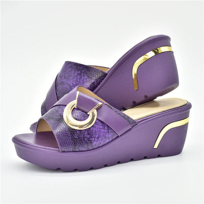 Latest Design African Party Shoes Decorated with Metal Wedding Shoes for Women Bride Wedges Shoes for Women Luxury Shoes