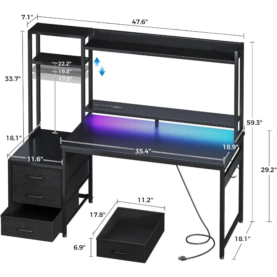 Gaming Desk with Shelves and 3 Drawers and LED Light and Hutch
