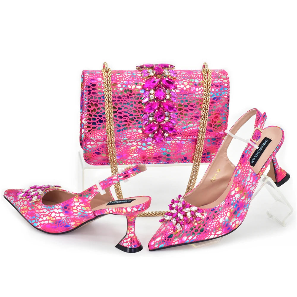 Women Nigerian Italian Shoes and Bags Set with Rhinestone Shoe and Bag Set for Nigeria Party Italy Crystal Butterfly-knot Shoes