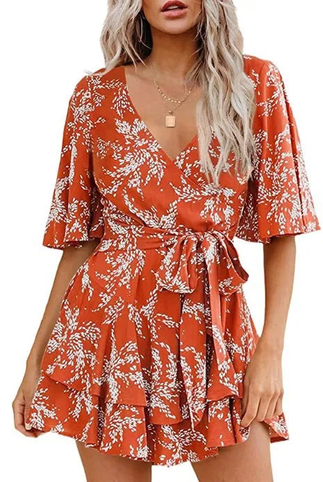 Hot-selling Women's Jumpsuits V-neck Flared Sleeves High Waist Plant Printed Pleated Lace-up Fashion High Street Playsuits