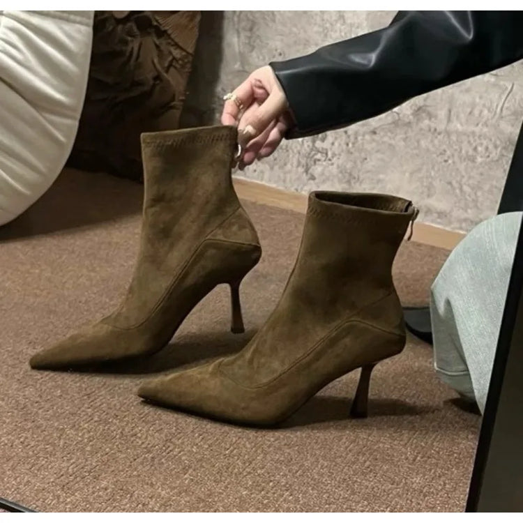 Designer Vintage Women Ankle Boots Fashion Pointed Toe Shoes Autumn Winter High Heel Ladies Elegant Stretch Slim Short Booties