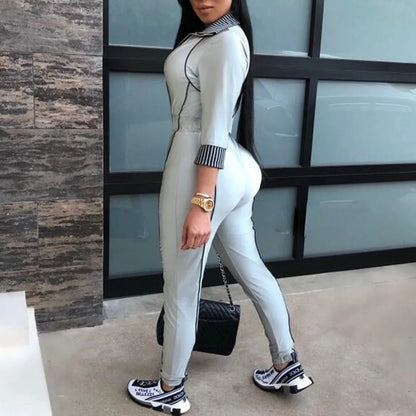 Sexy Front Zipper Casual Jumpsuit Rompers for Women Turtleneck Long Sleeve Skinny Fitness Overalls Grey One Piece Outfits Female
