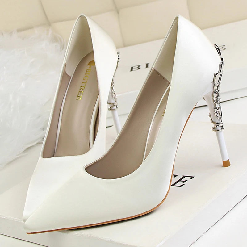 Women Luxury Metallic Decoration Heel Wedding Shoes Lady Trendy 10cm High Heels Pointed Toe Shoes Female Premium Gray Shoes