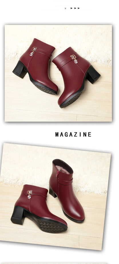 High-Heeled Leather Shoes Spring Single Shoes Thick Heel Thick Sole Slip-On Women's Shoes Square Toe Middle-Aged Mother's Shoes