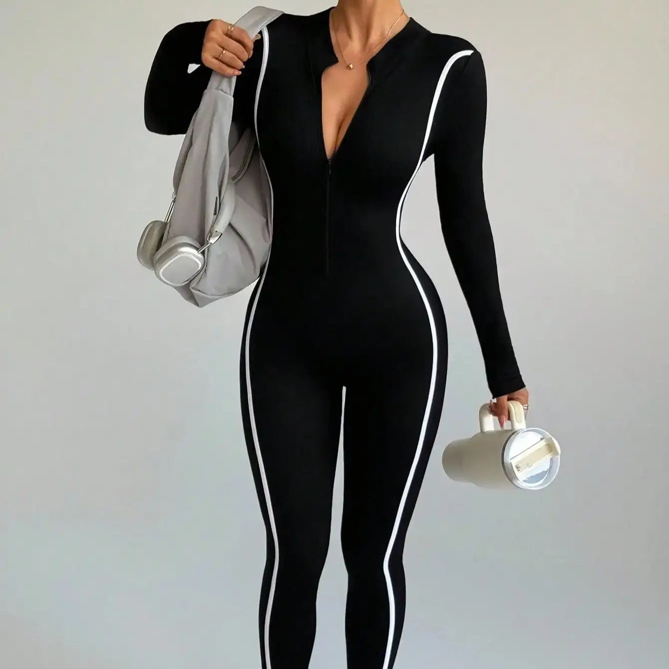 Striped Color-Blocking Stand-Up Collar Yoga Bodysuit Outdoor Quick-Dry One-Piece Sportswear Compression Fitness Wear