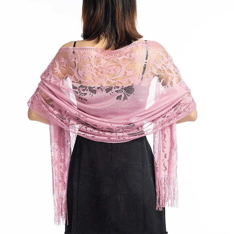 Korean Women Summer Thin Hollow Flower Long Tassel Party Cloak Sunscreen Shawl Sun Clothing Travel Towel Lace Evening Dress Scar
