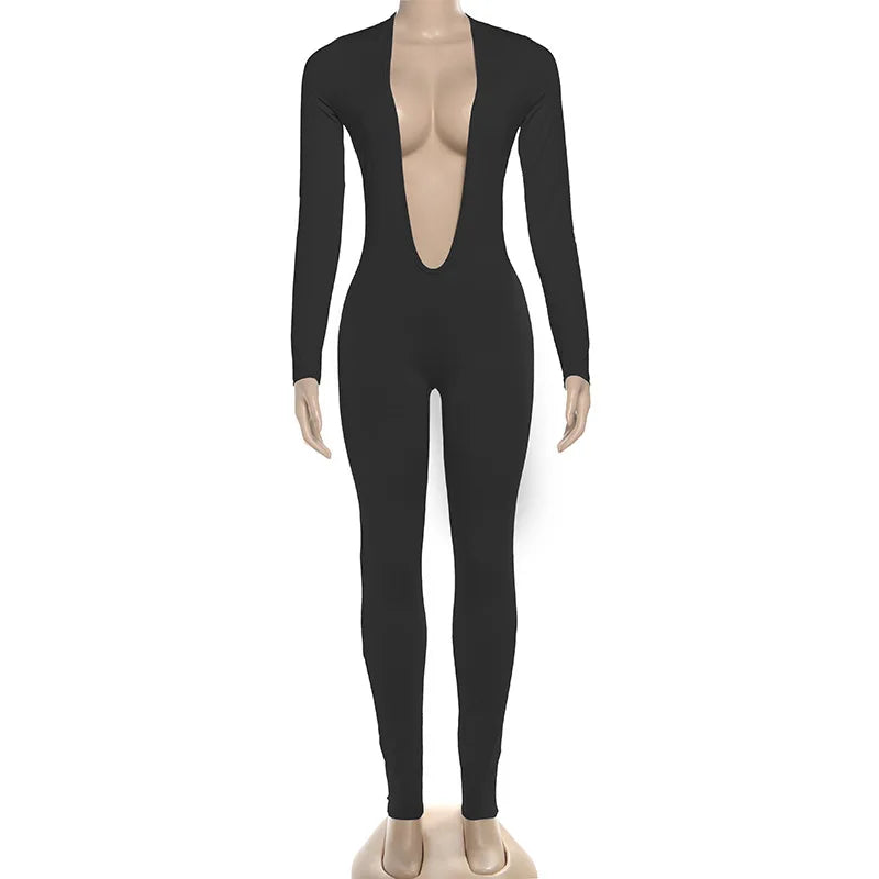 2025 Autumn Solid Backless Skinny Jumpsuits Women Sexy Deep V Neck Long Sleeve Slim Fitness Overalls Clubwear Street Rompers