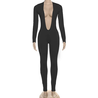 2025 Autumn Solid Backless Skinny Jumpsuits Women Sexy Deep V Neck Long Sleeve Slim Fitness Overalls Clubwear Street Rompers