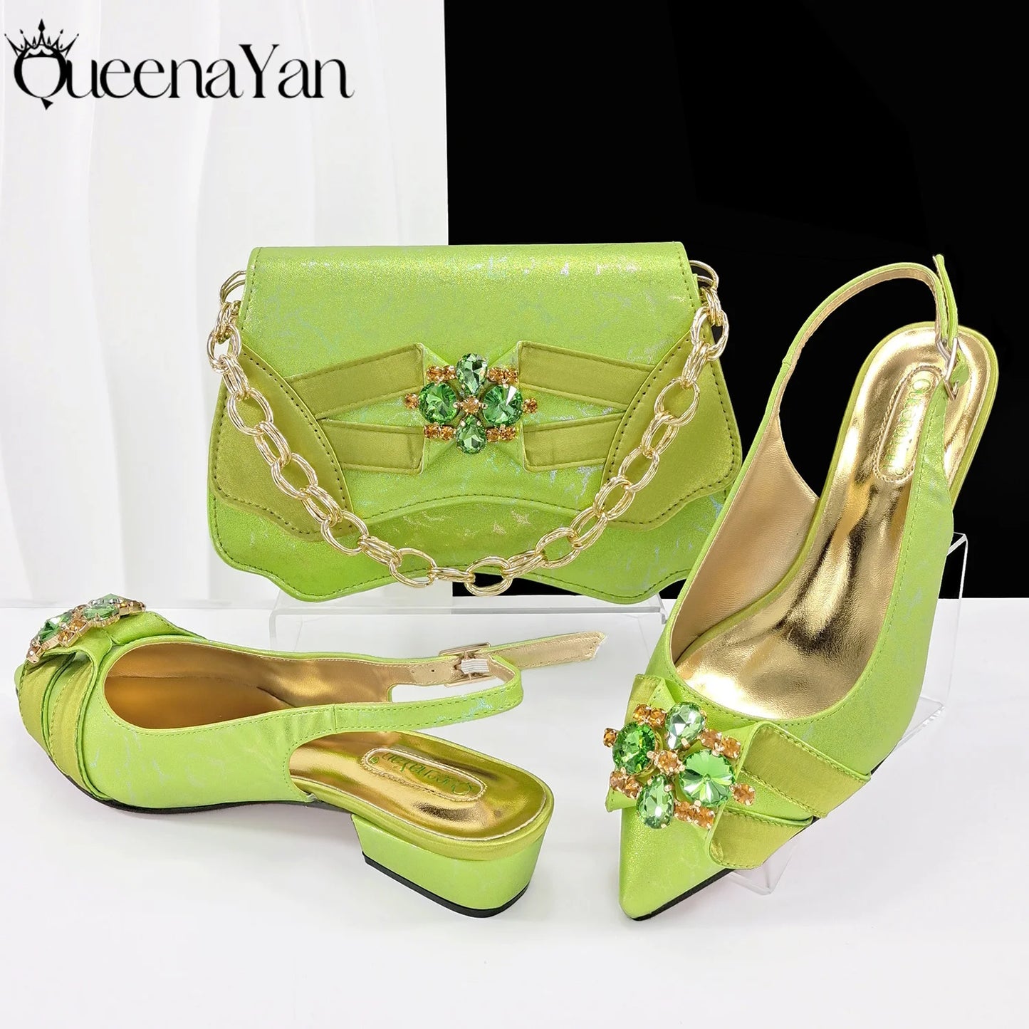 QueenaYan 2026 New Summer Collection Stylish Italian Women’s Shoes and Bag Set Gold Colour Comfortable Low Heels With Rhinestone
