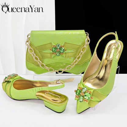 QueenaYan 2026 New Summer Collection Stylish Italian Women’s Shoes and Bag Set Gold Colour Comfortable Low Heels With Rhinestone