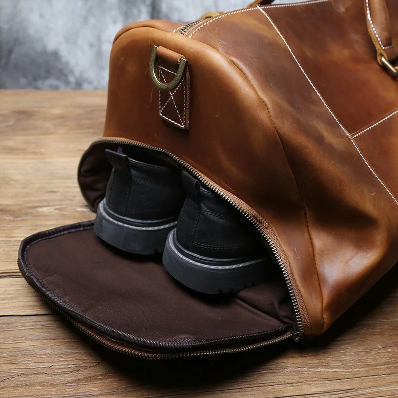 Vintage Genuine Leather Men's Travel Bag Crazy Horse Leather Duffel Bag Large Capacity Top-Layer Cowhide Handbag Crossbody NZPJ