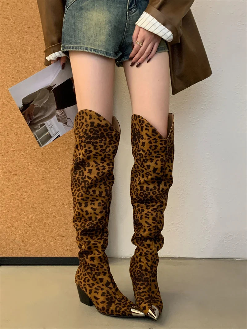 ZAROY Punk Metal Pointed Toe Knee High Boots Women Winter Retro Leopard Print Square Low Heels Pleated Western Cowboy Long Botas