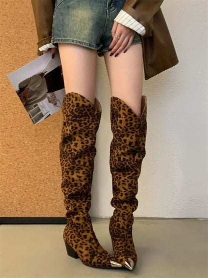 ZAROY Punk Metal Pointed Toe Knee High Boots Women Winter Retro Leopard Print Square Low Heels Pleated Western Cowboy Long Botas