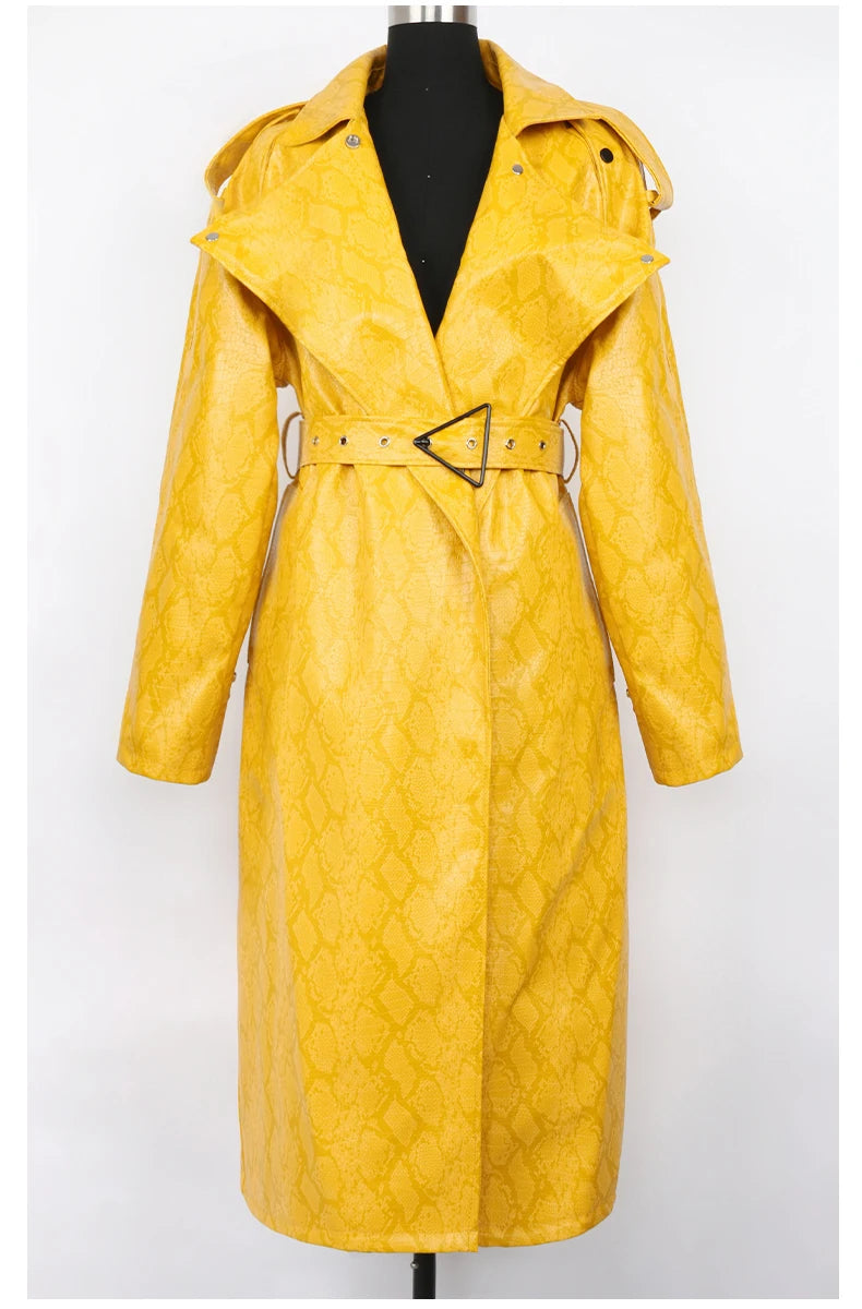 Nerazzurri Spring Autumn Long Oversized Colorful Snakeskin Print Patent Leather Trench Coat for Women Belt Runway Fashion 2022