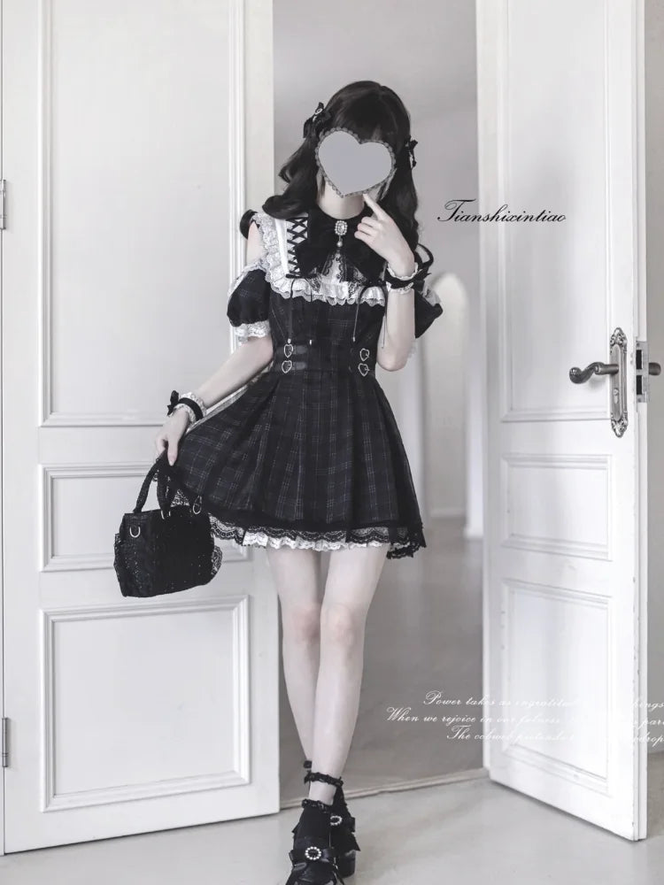 Summer Japanese Dark Goth Academy Style Dress Women's Bow Lace Off Shoulder Plaid Dress Y2K Harajuku Jirai Kei Dress Yami Kawaii
