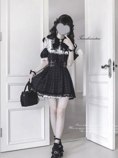 Summer Japanese Dark Goth Academy Style Dress Women's Bow Lace Off Shoulder Plaid Dress Y2K Harajuku Jirai Kei Dress Yami Kawaii