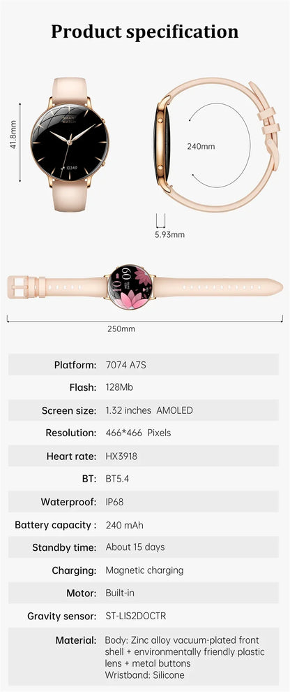 2026 Ultra-Thin Women Smart Watch AMOLED HD GPS Track Always-On Time Display LED Flashlight Bluetooth Call Waterproof Smartwatch