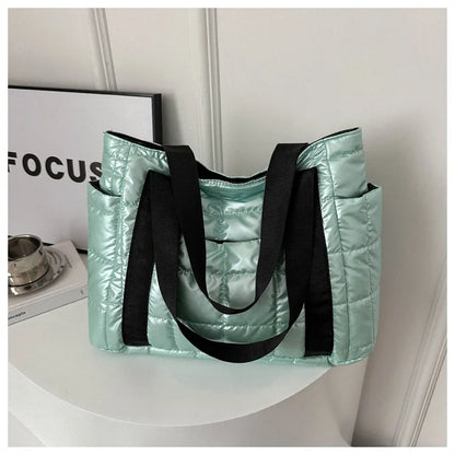 Space Padded Women Shoulder Bags For Winter 2025 Large Capacity Black Handbags Designer Nylon Cotton Warm Tote Solid
