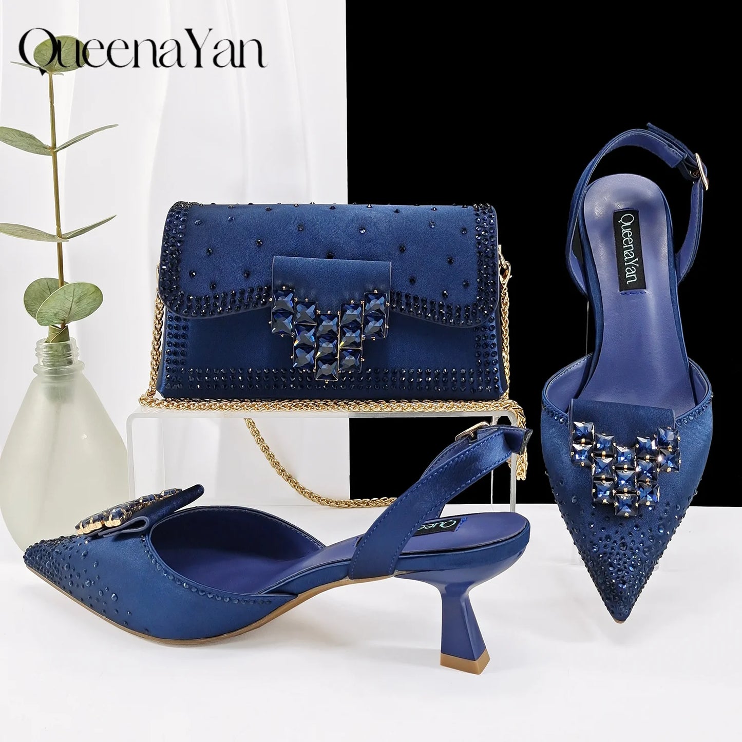 Queen Yan New Arrival Mature Style Embroider and Rhinestone Design Party Wedding Pointed Toe High Heel and Bag Set in Navy Blue