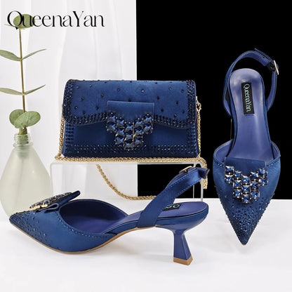 Queen Yan New Arrival Mature Style Embroider and Rhinestone Design Party Wedding Pointed Toe High Heel and Bag Set in Navy Blue