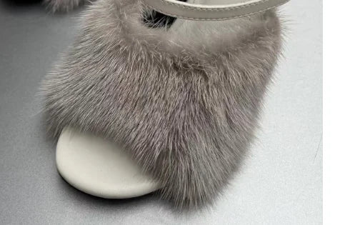 Mink fur high heels for women, slim heels, summer new style, open toe slippers, sexy fish mouth leather party sandals for women