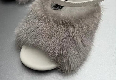 Mink fur high heels for women, slim heels, summer new style, open toe slippers, sexy fish mouth leather party sandals for women