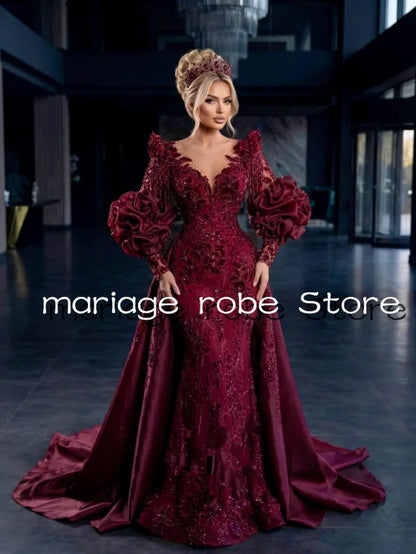 Sparkly Burgundy Fustan Mermaid Prom Formal Dresses Puffy Sleeve Gillter Tassel Applique Overskirt Evening Gala Gown Customized