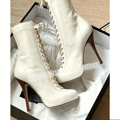 Women Retro Lace Up Stiletto Ankle Boots Round Toe Side Zipper Platform High Heel Short Bootie Fashion Ladies Thin Heel Footwear