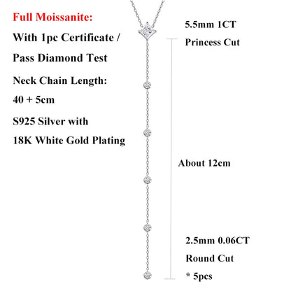 EWYA Y-Style 1CT Princess Cut Certified Moissanite Pendant Necklace Women S925 Silver All Diamond Dainty Tassel Neck Chain Gift