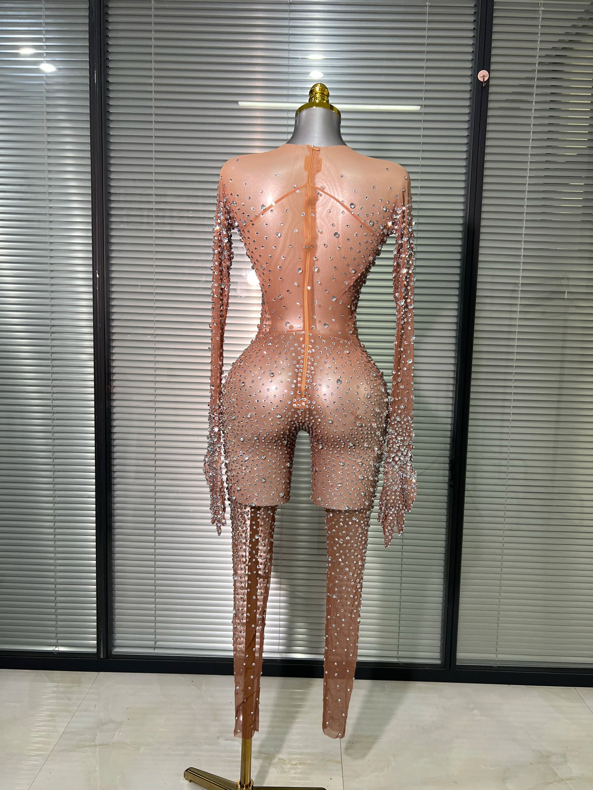 Women Sexy Crystal Sheer Blue Silver Skin Bodycon Jumpsuit Celebrity Designer Shinning Dancer Night Club Rompers Gloves