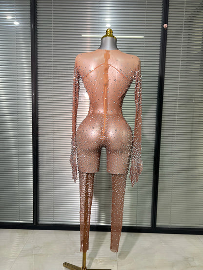 Women Sexy Crystal Sheer Blue Silver Skin Bodycon Jumpsuit Celebrity Designer Shinning Dancer Night Club Rompers Gloves