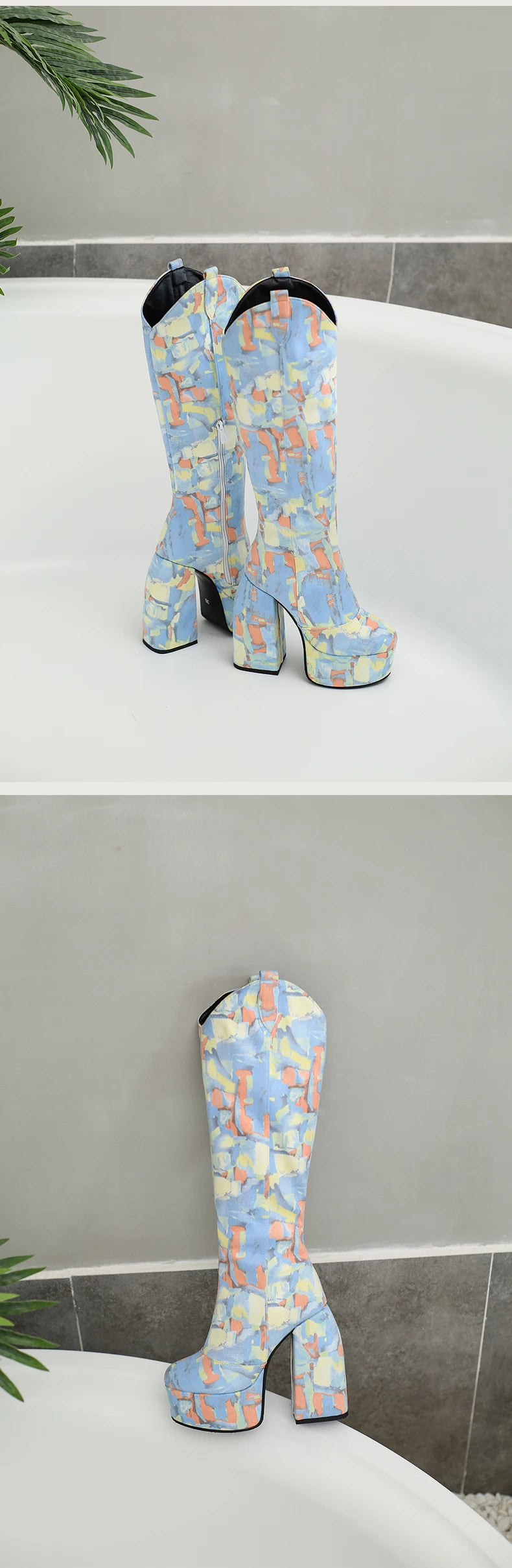 Super Waterproof Platform Strange Chunky Heel Graffiti Women's Boots Plush Inner Zipper Flock Material Knee Boots Plus Size