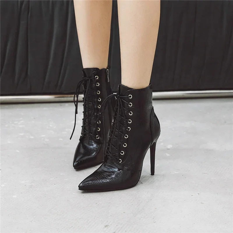 Sexy Ankle Cowboy Boots For Women Dance Shoes Fashion Snake Red White Black High Heels Lace Up Short Boot Autumn Large Size