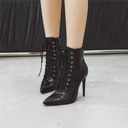 Sexy Ankle Cowboy Boots For Women Dance Shoes Fashion Snake Red White Black High Heels Lace Up Short Boot Autumn Large Size