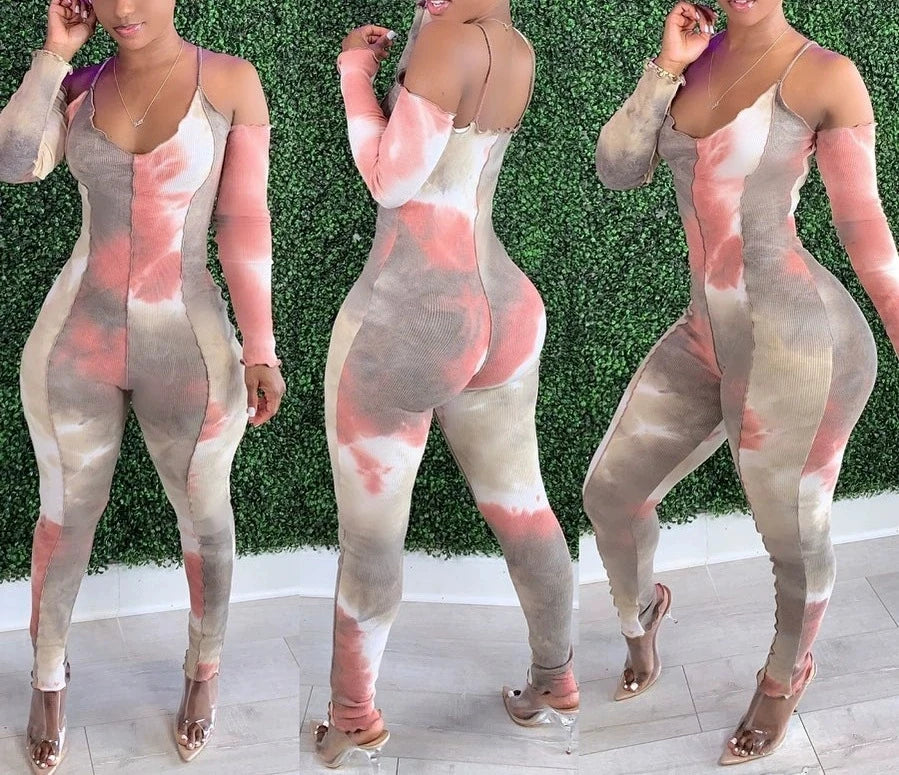 Foreign trade tie-dye print deep V-neck sexy camisole long-sleeved jumpsuit for women
