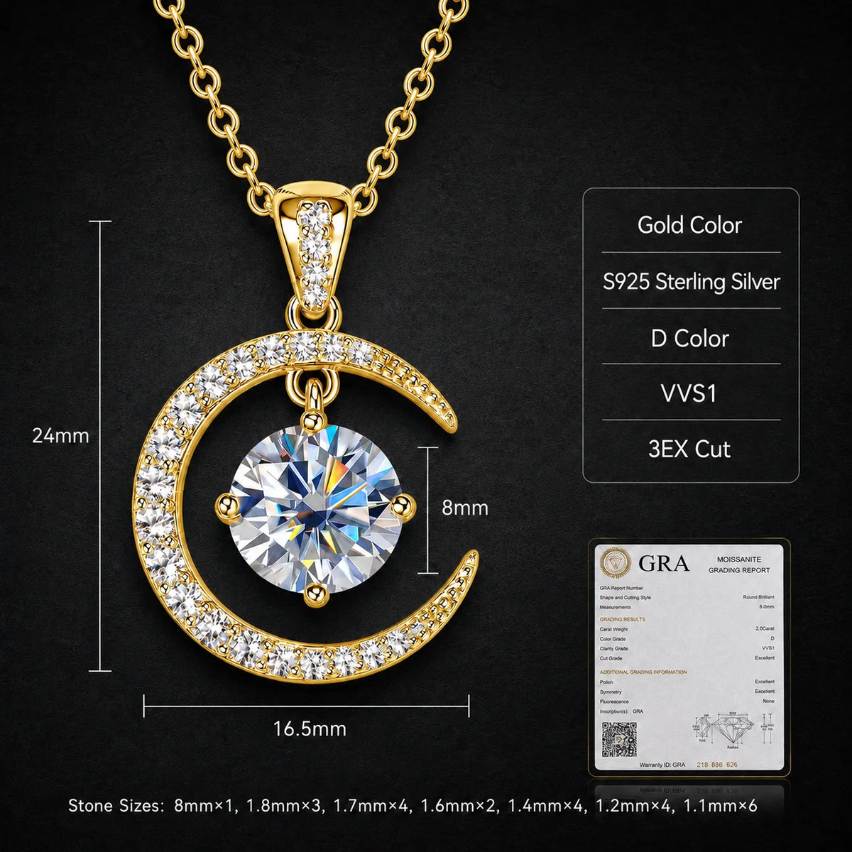 S925 Sterling Silver Moissanite Crescent Moon Necklace Dancing Stone Pendant Gold Silver Tone Fine Jewelry Gift for Women