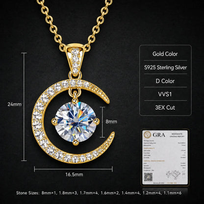 S925 Sterling Silver Moissanite Crescent Moon Necklace Dancing Stone Pendant Gold Silver Tone Fine Jewelry Gift for Women