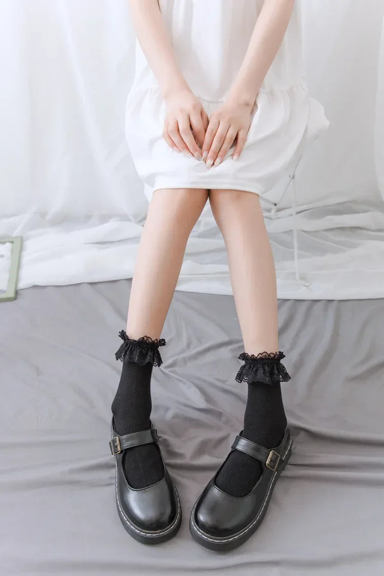 Women's Japanese Lolita JK Ankle Socks Kawaii Cotton with Lace Trim - Cute White/Black Crew Socks for Girls Cosplay Casual Wear