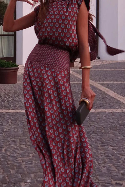 Vintage Printed Slim Office Commuting Suit Casual Loose Top+High Waisted Skirt 2pc Set Elegant Semi High Neck Sleeveless Outfit