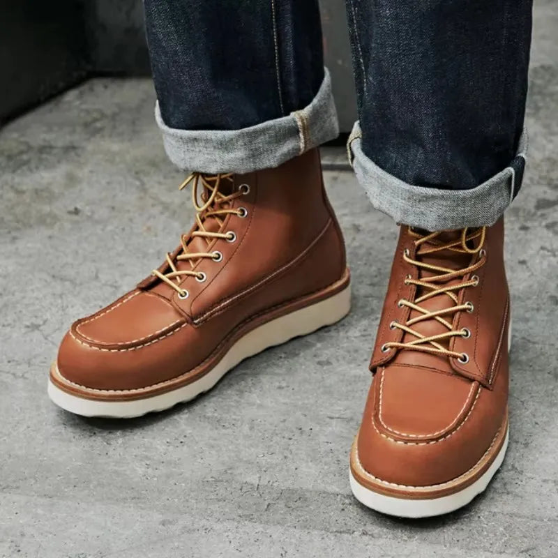 Handmade High Top Shoes Mens Vintage Round Toe Genuine Leather Casual Mid Calf Boots Spring Autumn Thick Platform Cowhide Boots