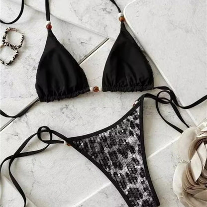 2026 Leopard Sequins Halter Strappy Bikini Women Swimwear Female Swimsuit Two-pieces Bikini Set Bather Bathing Suit Swim Lady